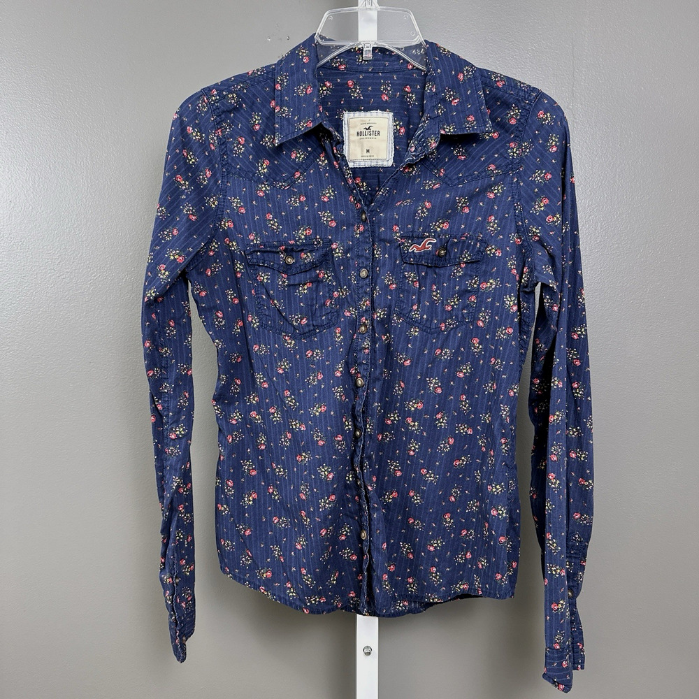 Hollister Y2K Floral Button Down Shirt Womens Medium Navy Blue Fitted Cotton
